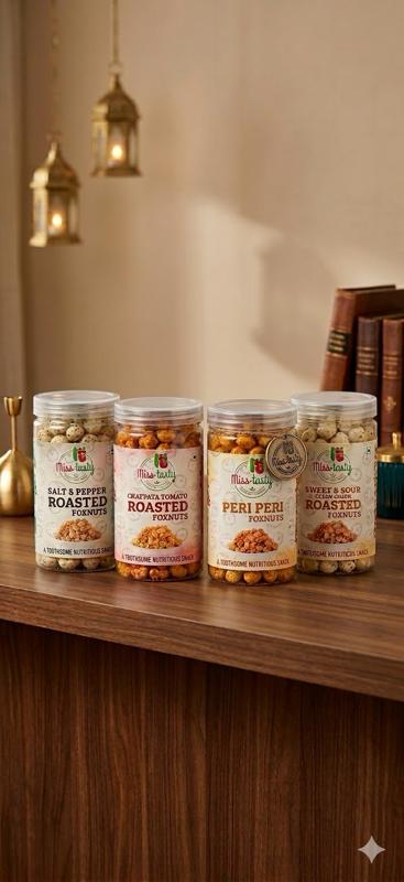 Miss Tasty Roasted Foxnuts – Variety Pack of 4  Four bold flavors, one irresistible snack. Our Roasted Foxnuts come in Salt & Pepper, Chaat Masala Tomato, Peri Peri, and Sweet & Sour