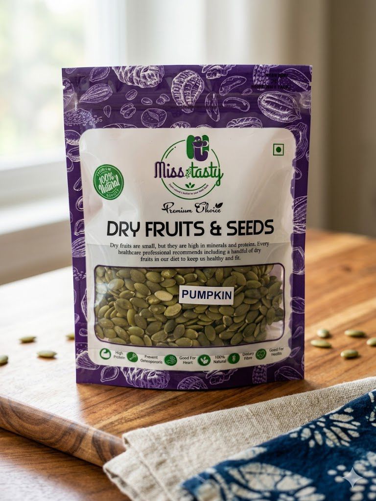 Miss Tasty Premium Pumpkin Seeds  Small but mighty. Our 100% natural Pumpkin Seeds are packed with high protein, dietary fibre, and essential minerals —