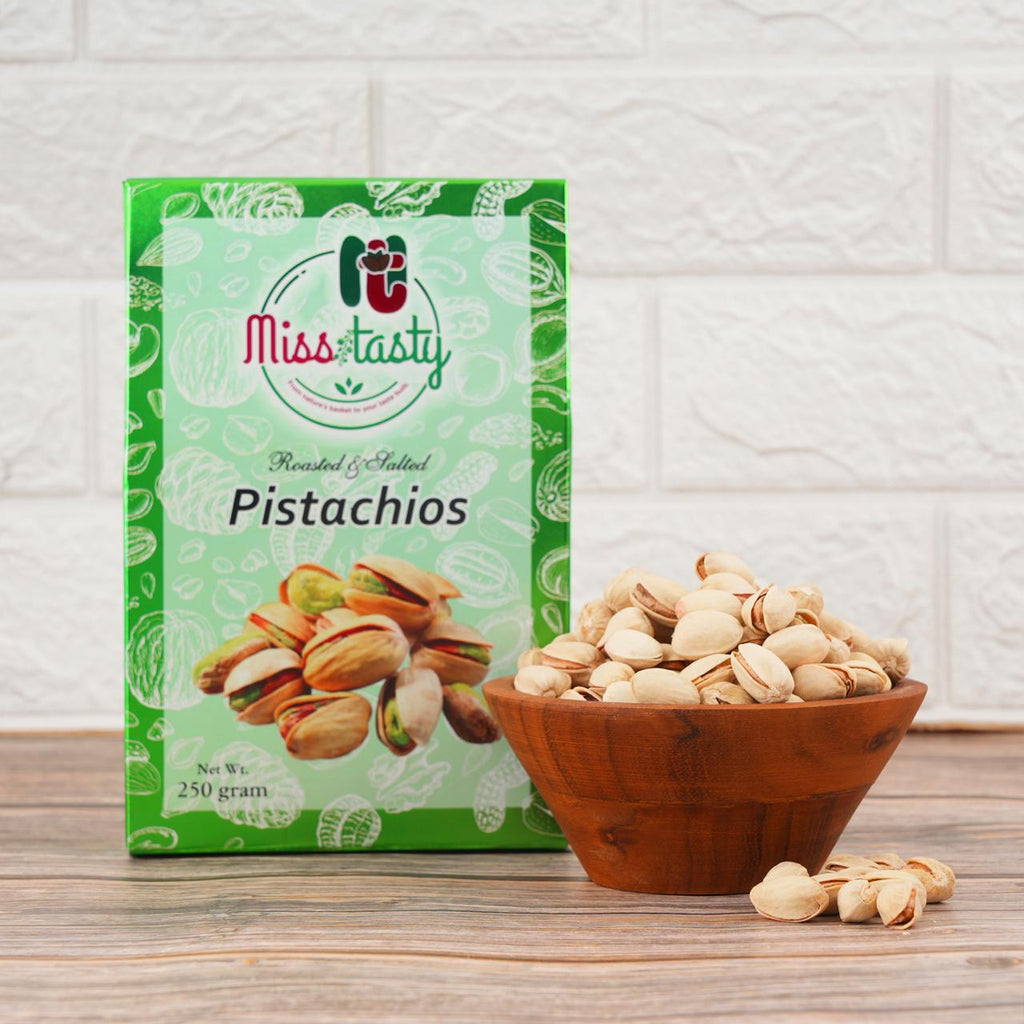 "Premium roasted & salted pistachios — perfectly crunchy, boldly flavourful, and packed with goodness. 250g of pure snacking joy."